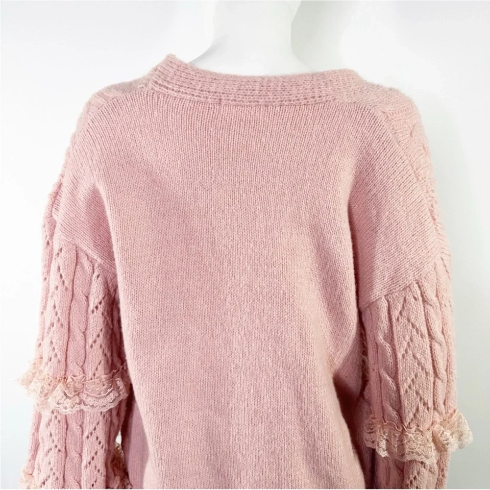Romwe Kawaii Pink Cable Knit Lace Pearl Button Down Sweater Cardigan S - Picture 7 of 12